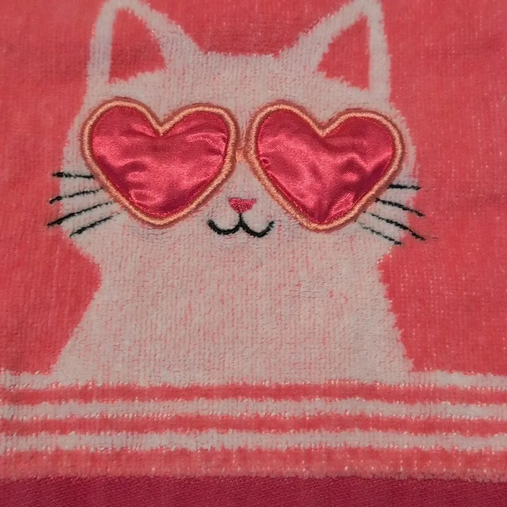 Fun Pink Cotton Cat Hand Towel with Heart Glasses & a Heart Balloon on it's Tail